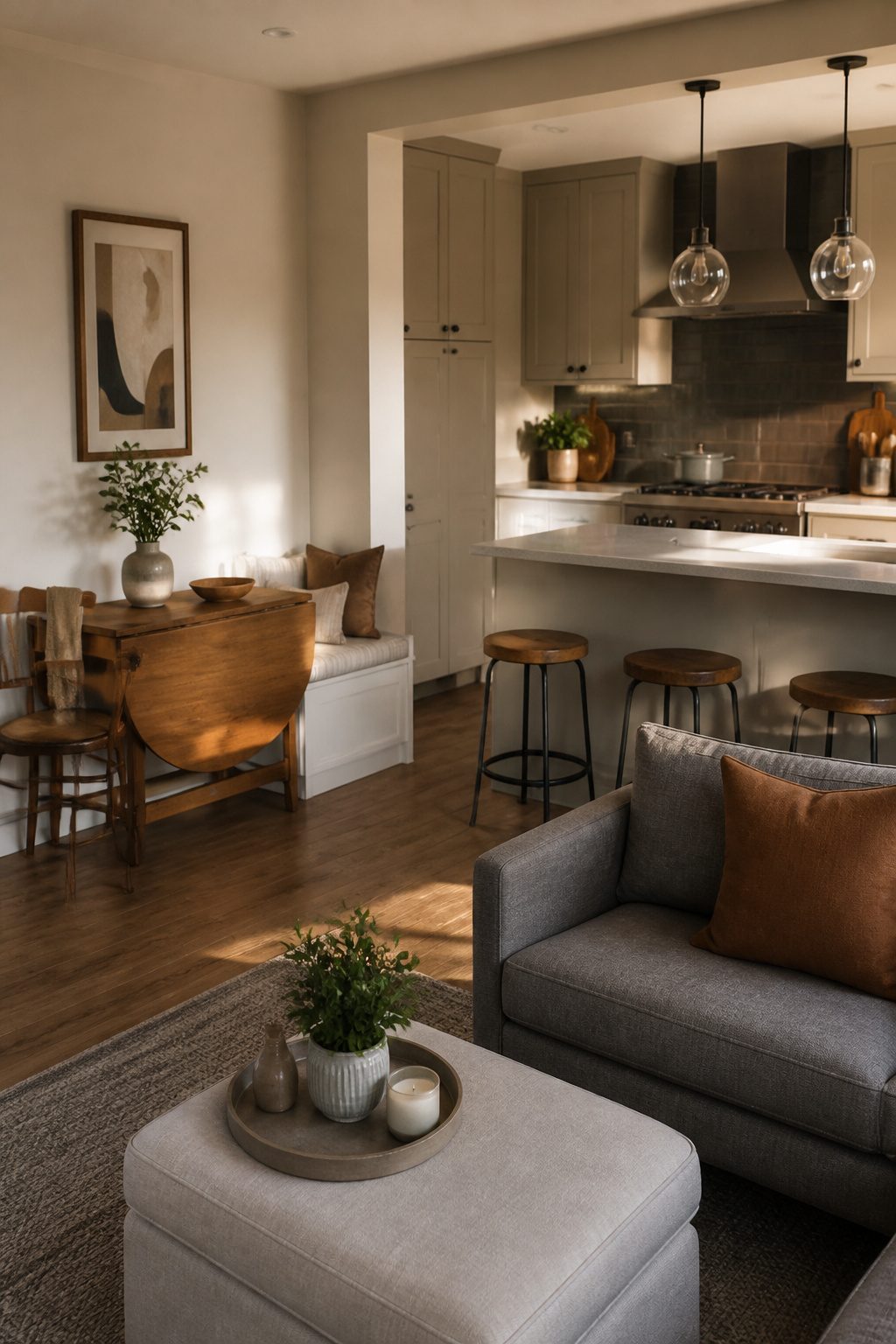 A versatile drop-leaf table in an open kitchen living area.