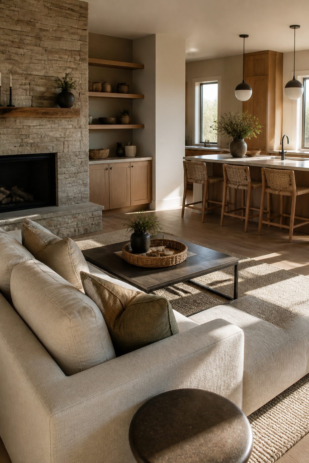 An open plan kitchen living room featuring wood and stone elements.