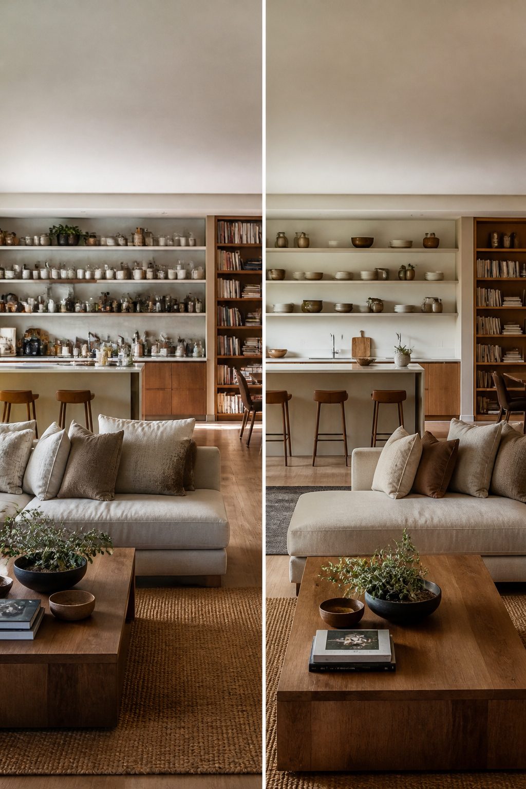 Open shelves in a kitchen providing storage space without visual heaviness.