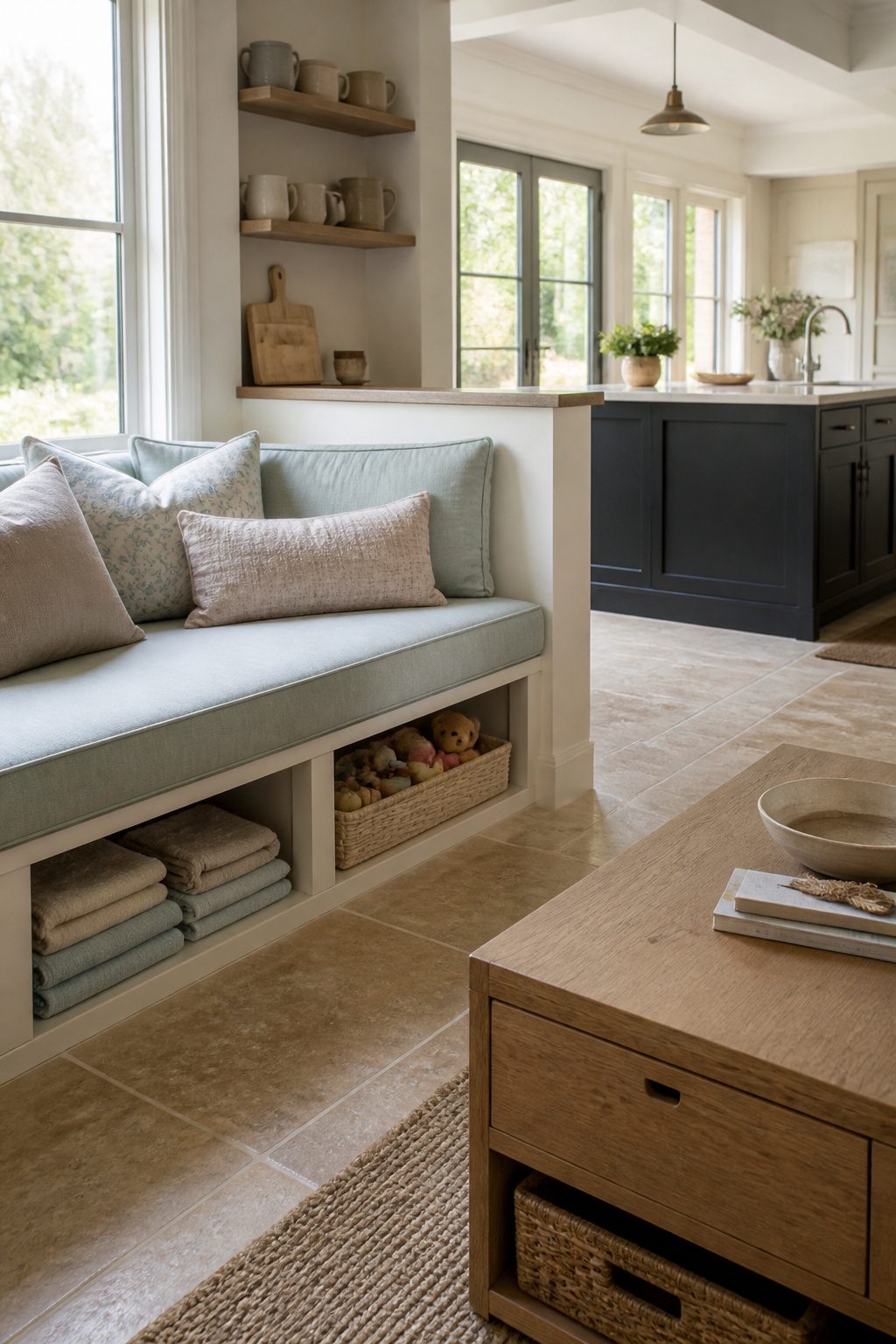 A built-in banquette with storage beneath in an open plan kitchen living room.
