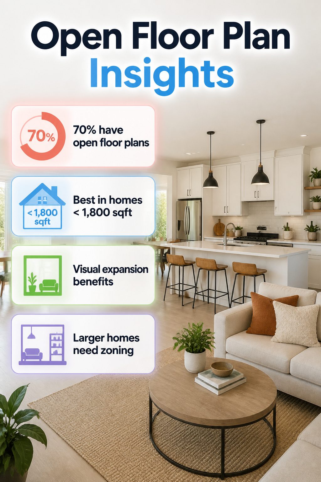 An infographic showing insights about open floor plans in new homes.