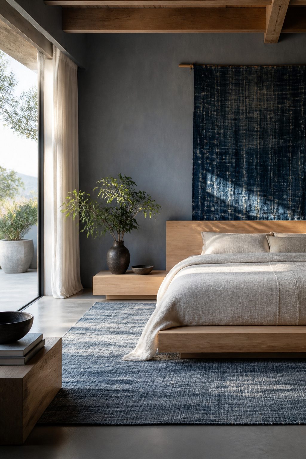 A bedroom with blue-gray walls and bleached oak furniture.