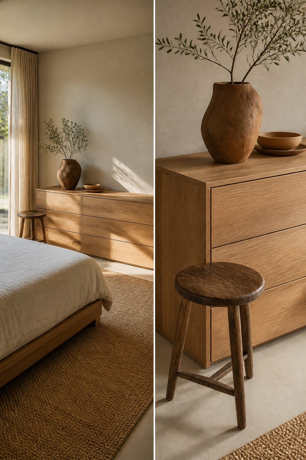 A low, matte dresser with a vintage stool in a contemporary bedroom.
