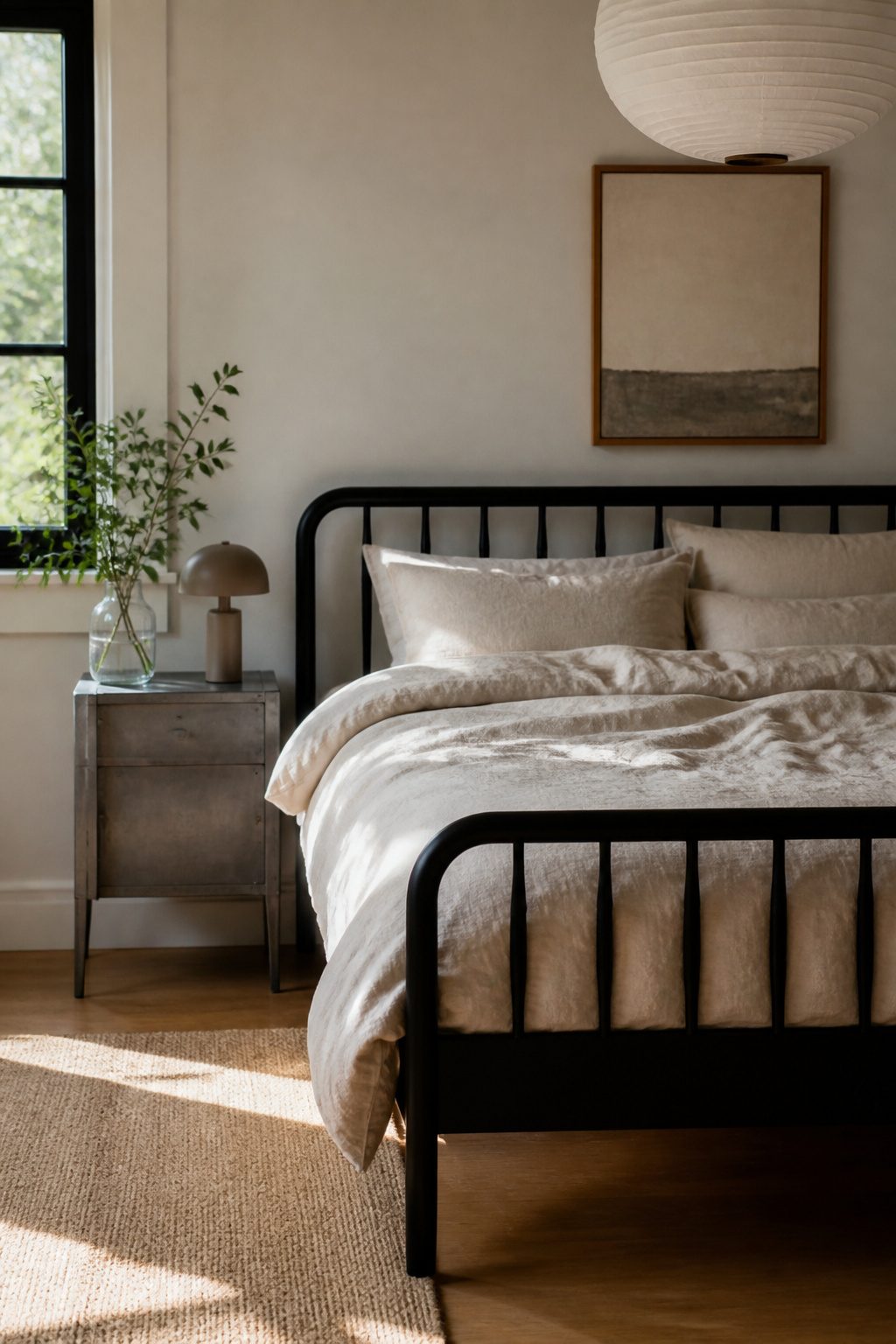 A black spindle bed with rumpled linen bedding in a modern bedroom.