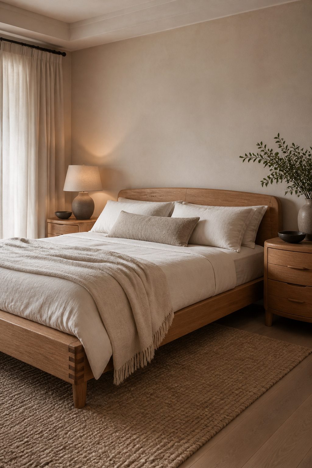 An elegant bedroom featuring a bed frame with visible dovetail joints.