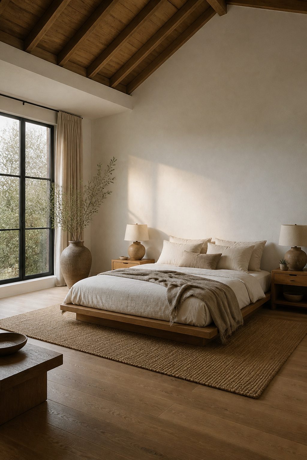 A platform bed with a wool throw and linen duvet in a cozy bedroom.