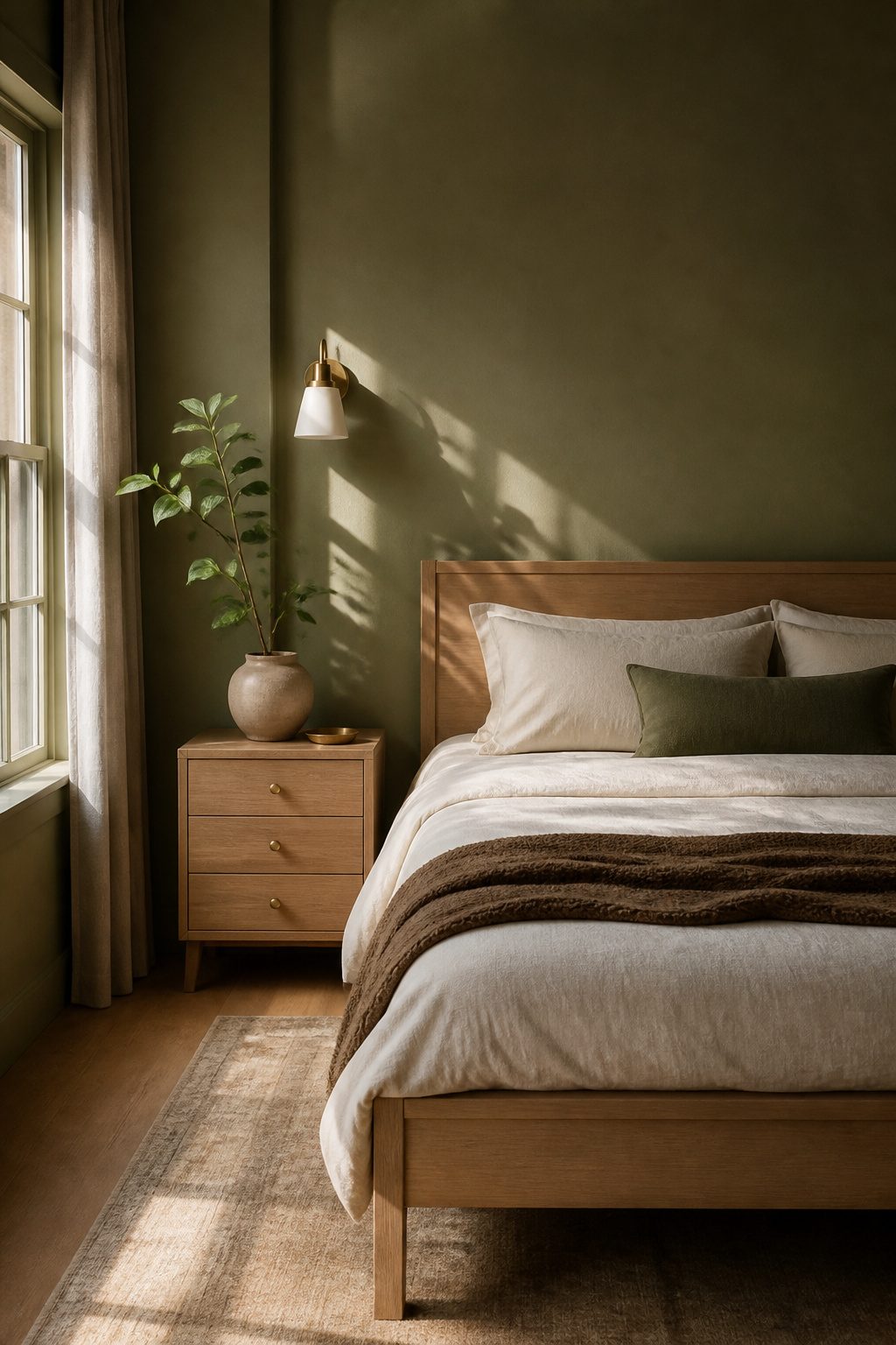 A bedroom with clay-green walls and a white oak bed frame.