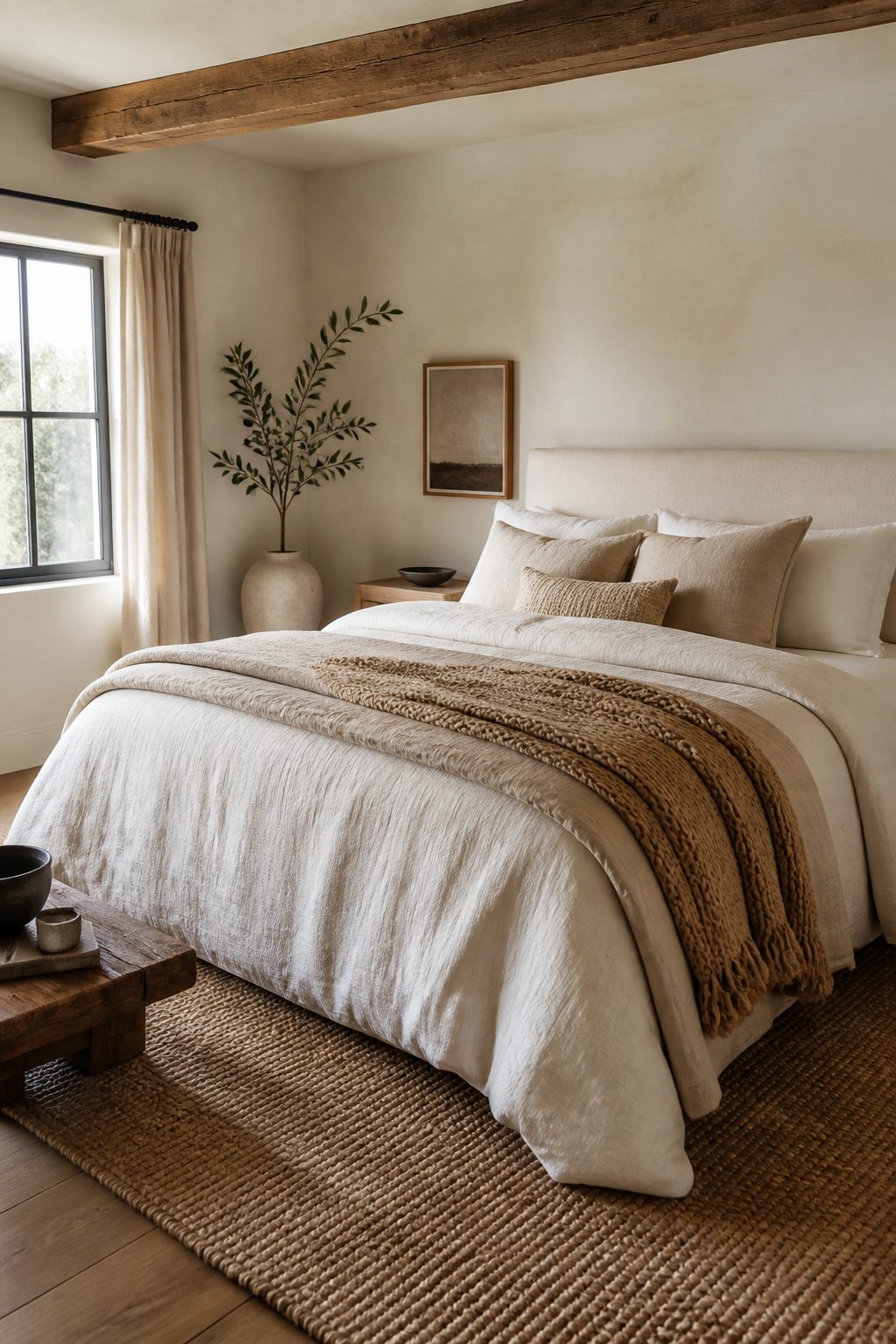 A layered bed with cotton, linen, and wool textiles in soft colors.
