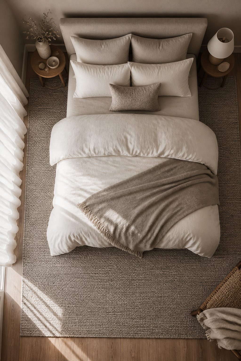 A bedroom with mid-tone gray walls and textured bedding.