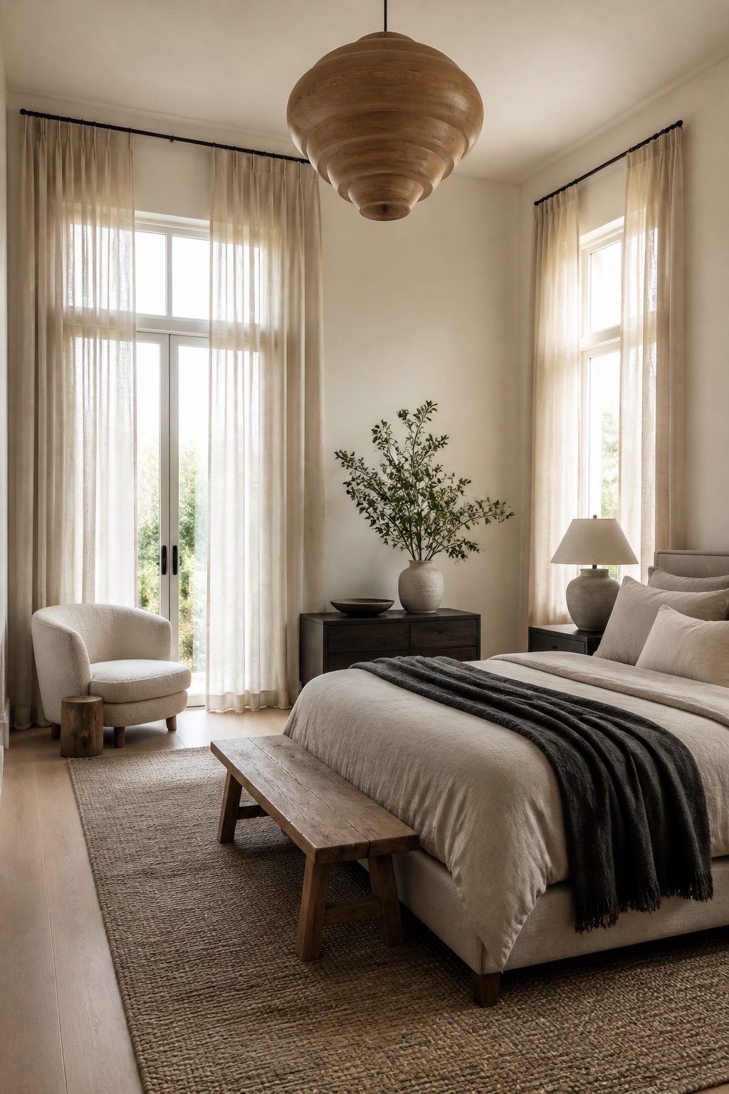 High windows with sheer linen curtains in a bright bedroom.