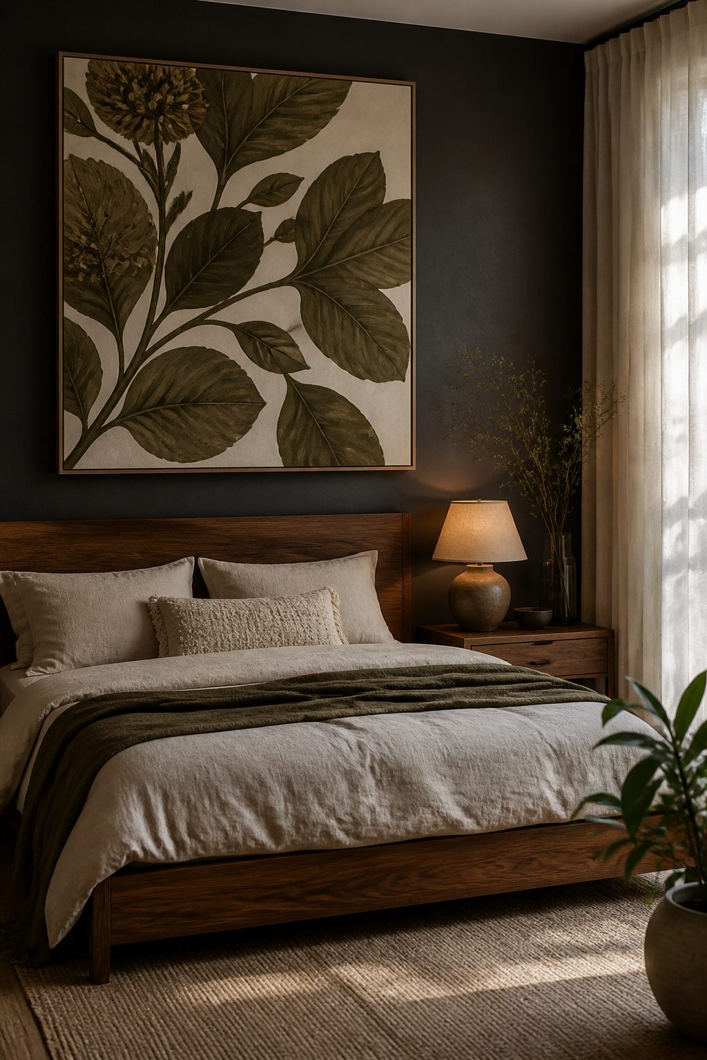 A large floral print on a dark wall above a simple wood bed.