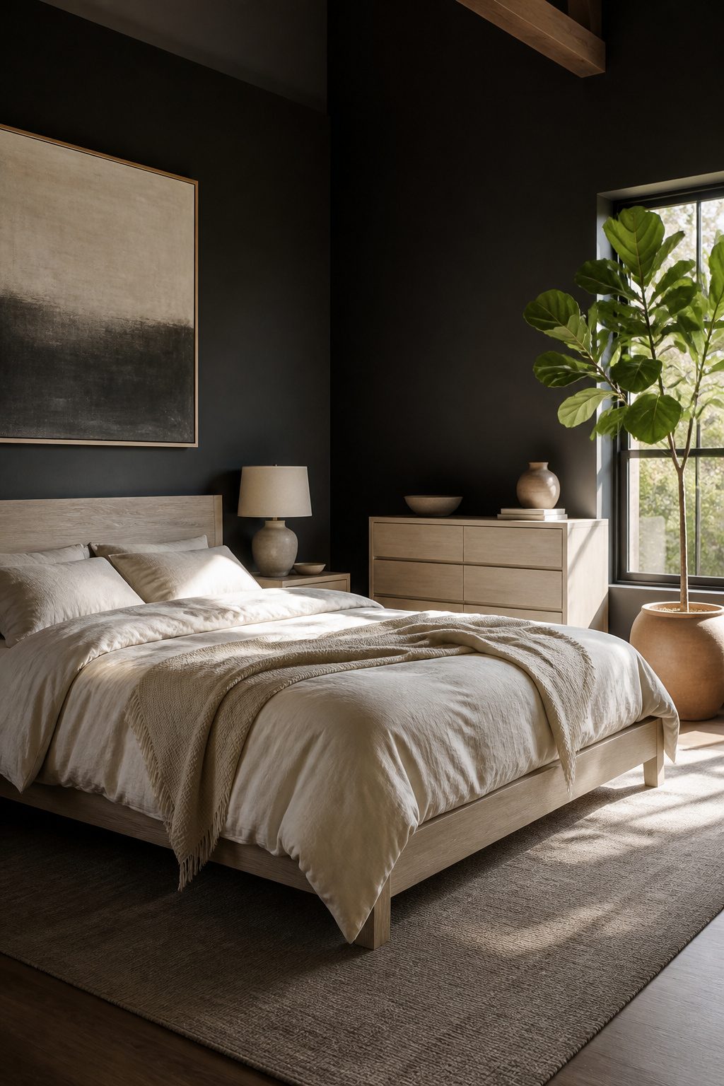 A luxurious bedroom with charcoal walls and pale ash furniture.