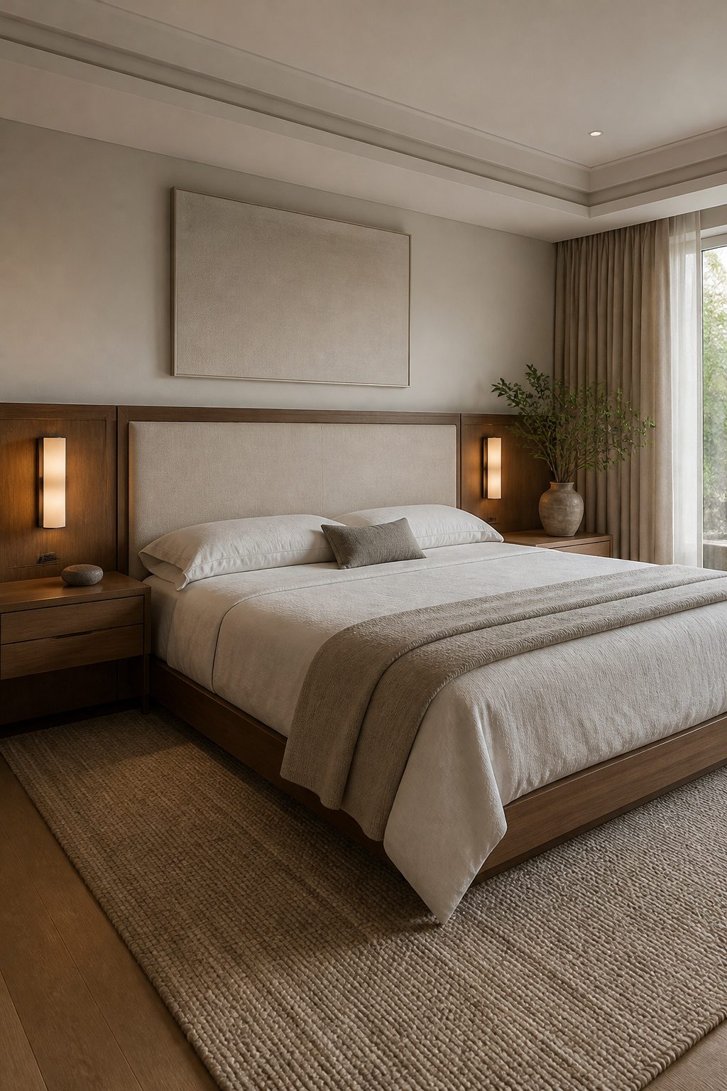 A modern bedroom with a walnut headboard and built-in nightstands.