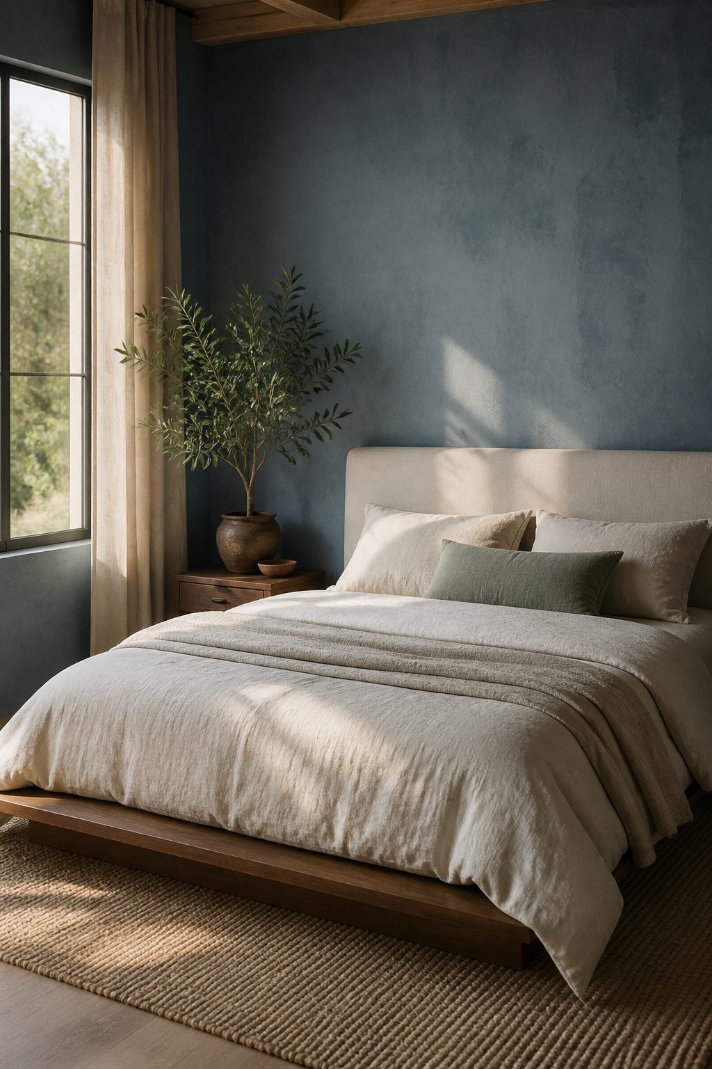 A platform bed with a dusty blue plaster wall behind it.