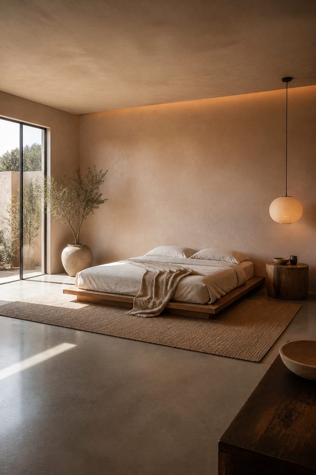 A minimalist bedroom with a low platform bed and no headboard.