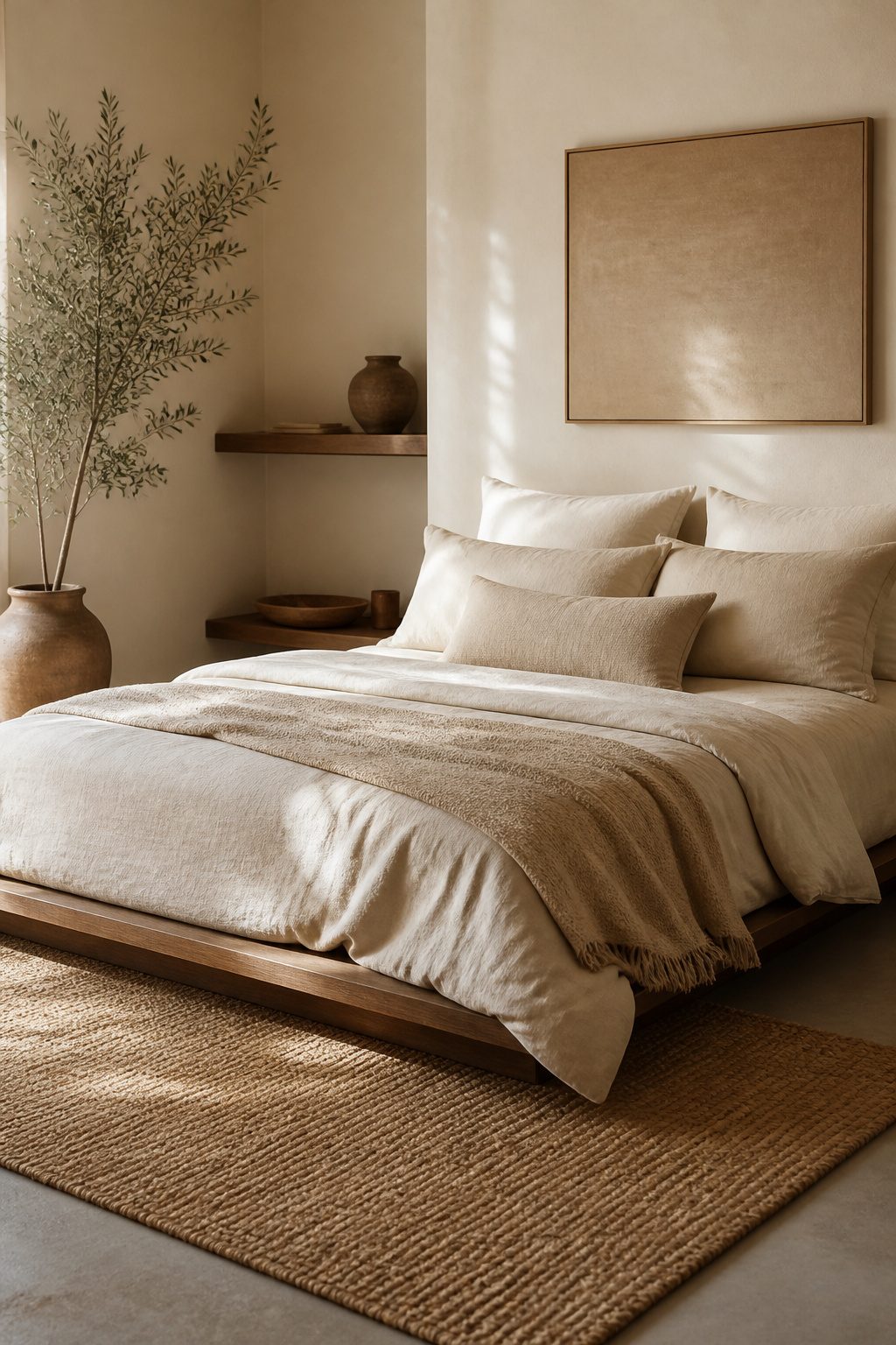 A bed with layered linens in cream, oatmeal, and camel colors.