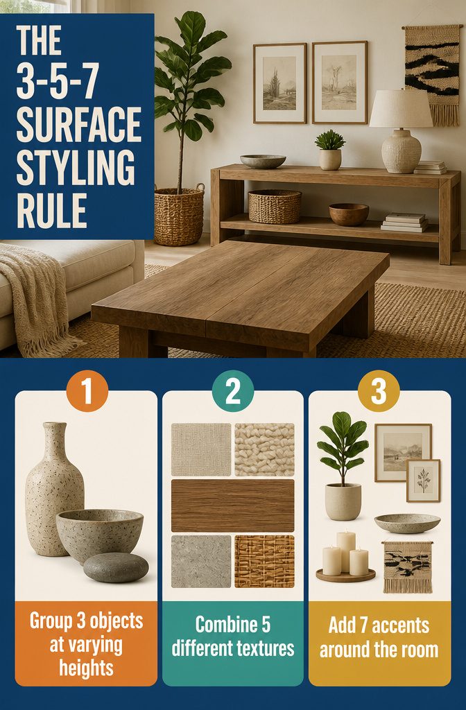 Coffee table styled with a tall vase, low bowl, stone, and small decorative accents