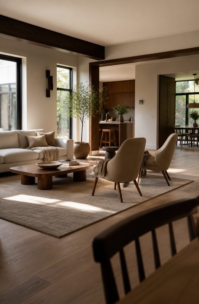 Sofa and two armchairs grouped around a low coffee table in an open living room