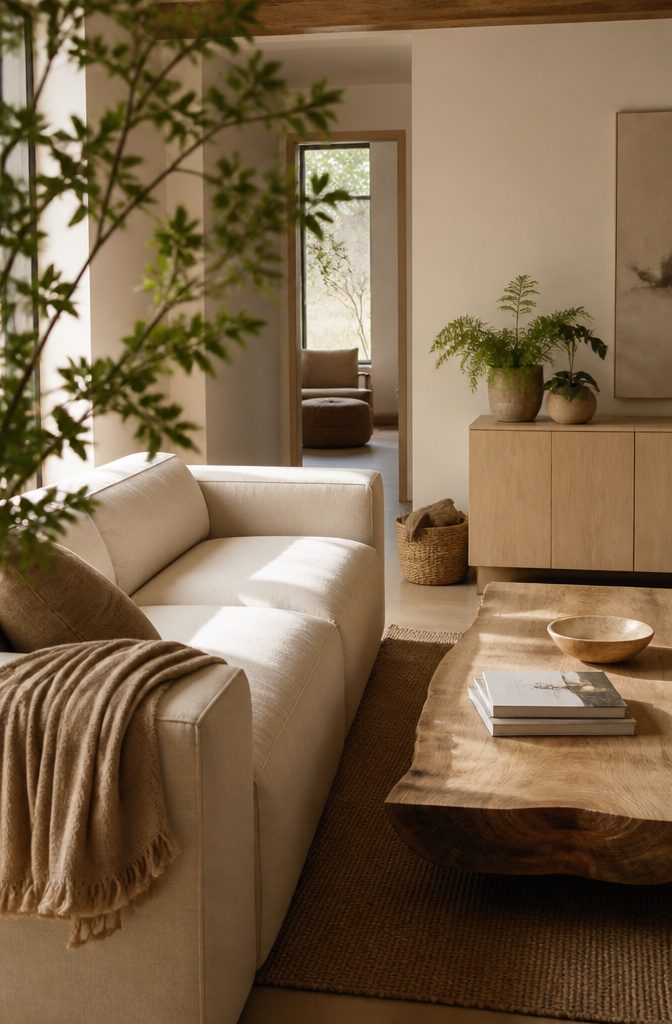 Low linen sofa beside an irregular raw wood coffee table and clean-lined credenza