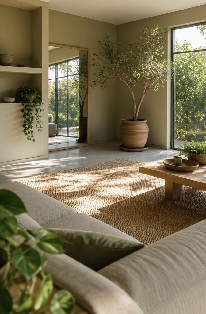 Olive tree and smaller plants beside bright windows in a neutral living room