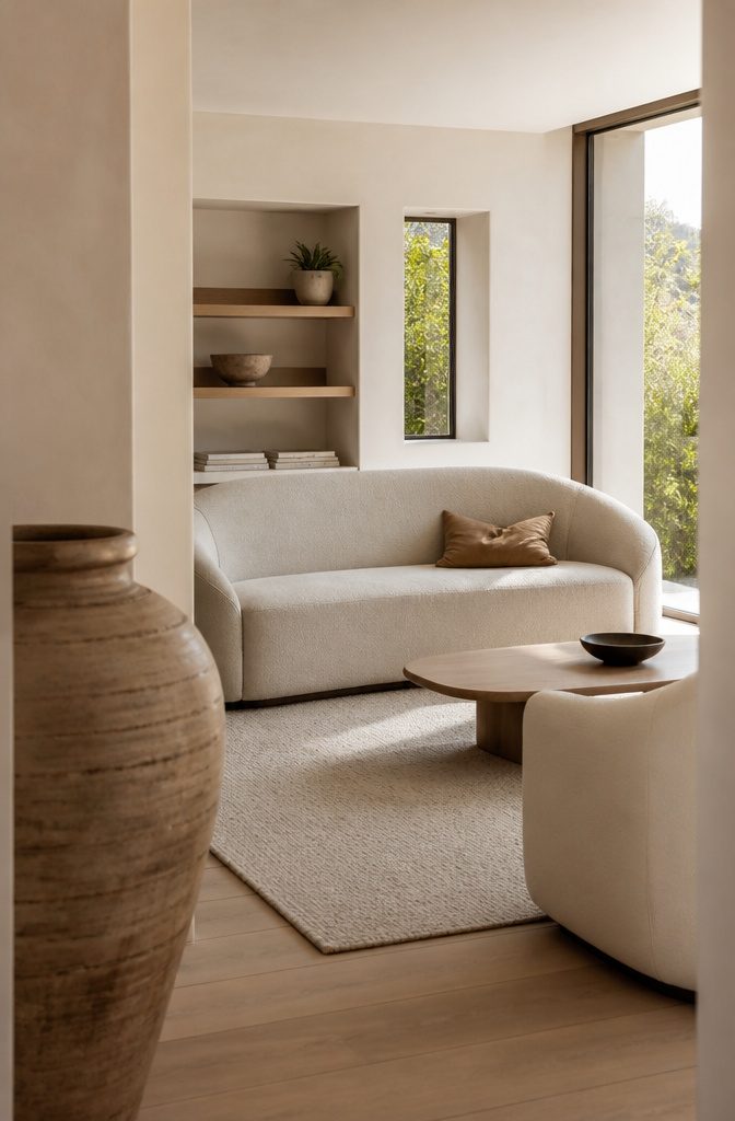 Living room with a rounded-back sofa and a coffee table with soft edges