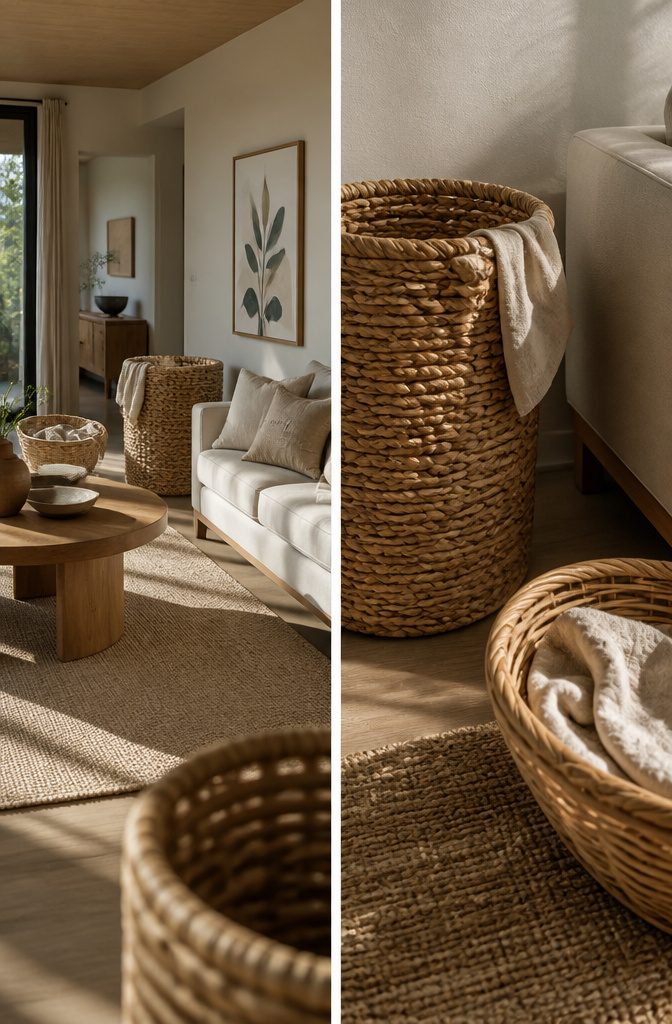 Woven storage basket beside a sofa with throws and magazines