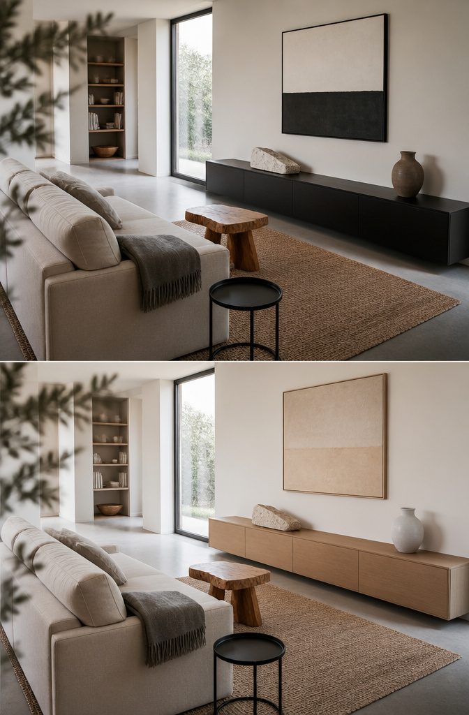 Streamlined sofa and handleless console with a jute rug and live-edge stool