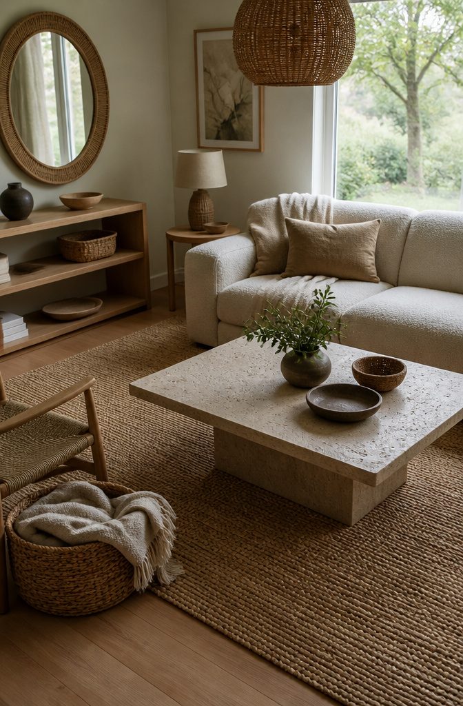 Travertine coffee table beside a bouclé sofa and jute rug