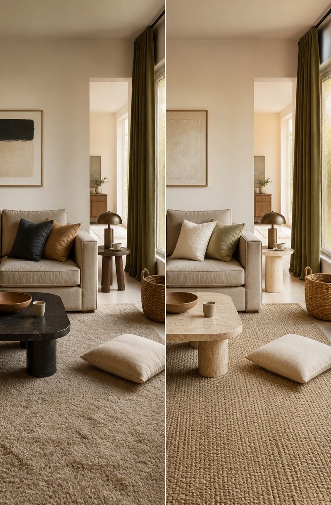 Living room with cream walls, beige linen, earthy brown accents, and deep olive drapes