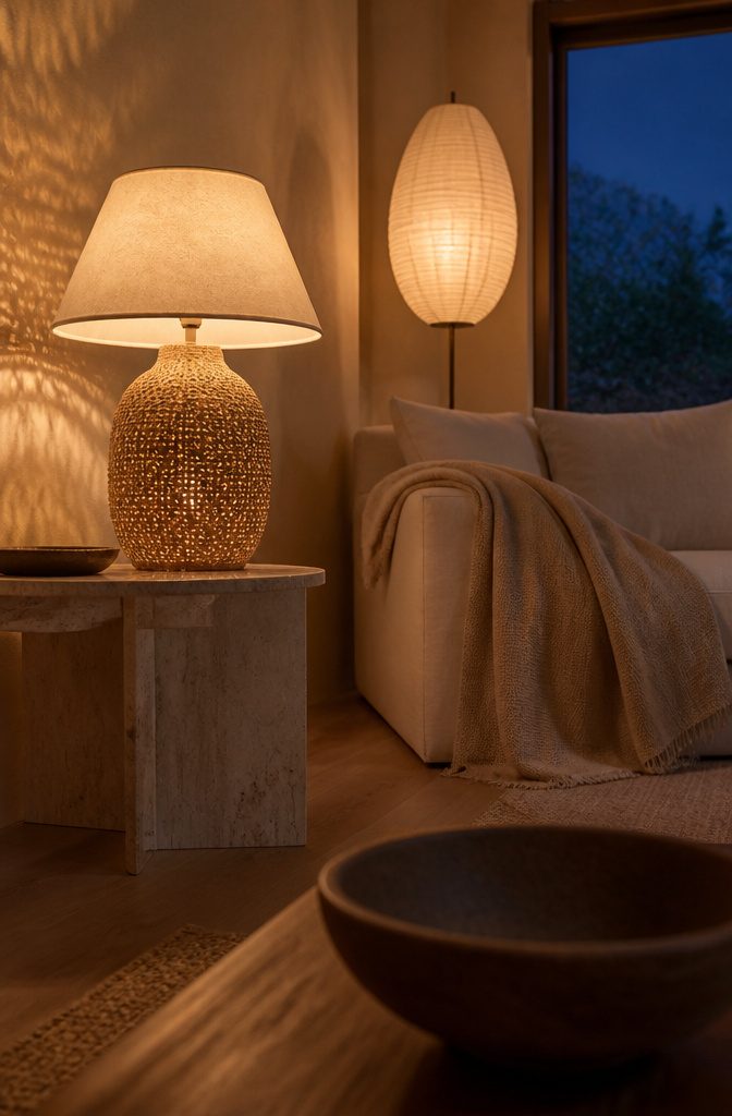 Table and floor lamps with woven bases and linen shades beside wood furniture