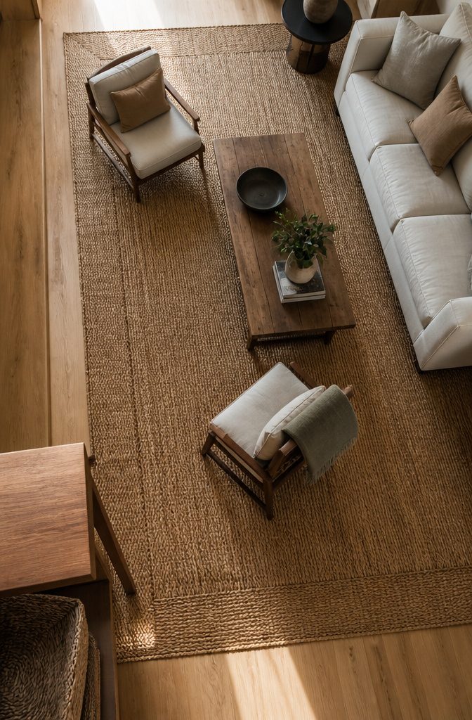 Seating area grounded by a natural-fiber rug beneath the sofa and chairs