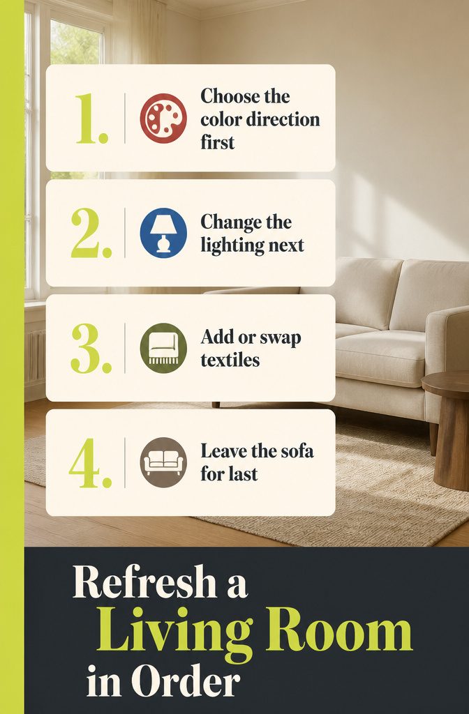 Living room refresh guide listing color, lighting, textiles, and sofa in order
