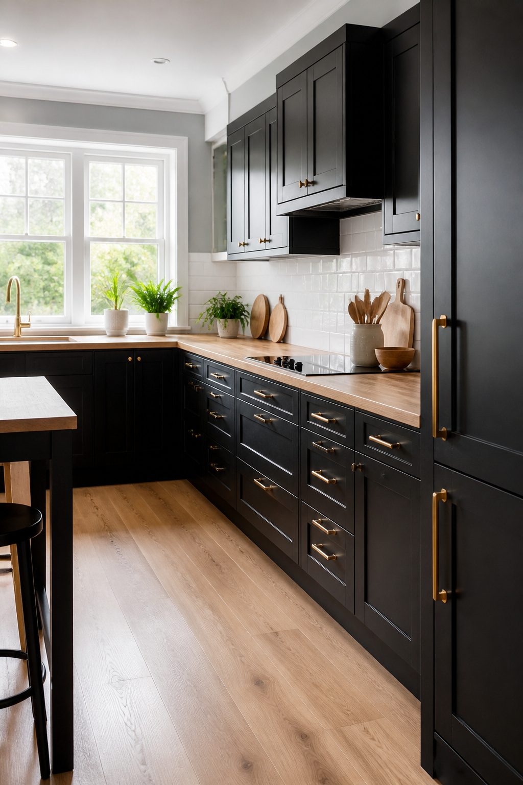 Kitchen featuring striking black cabinetry and a light wooden countertop.