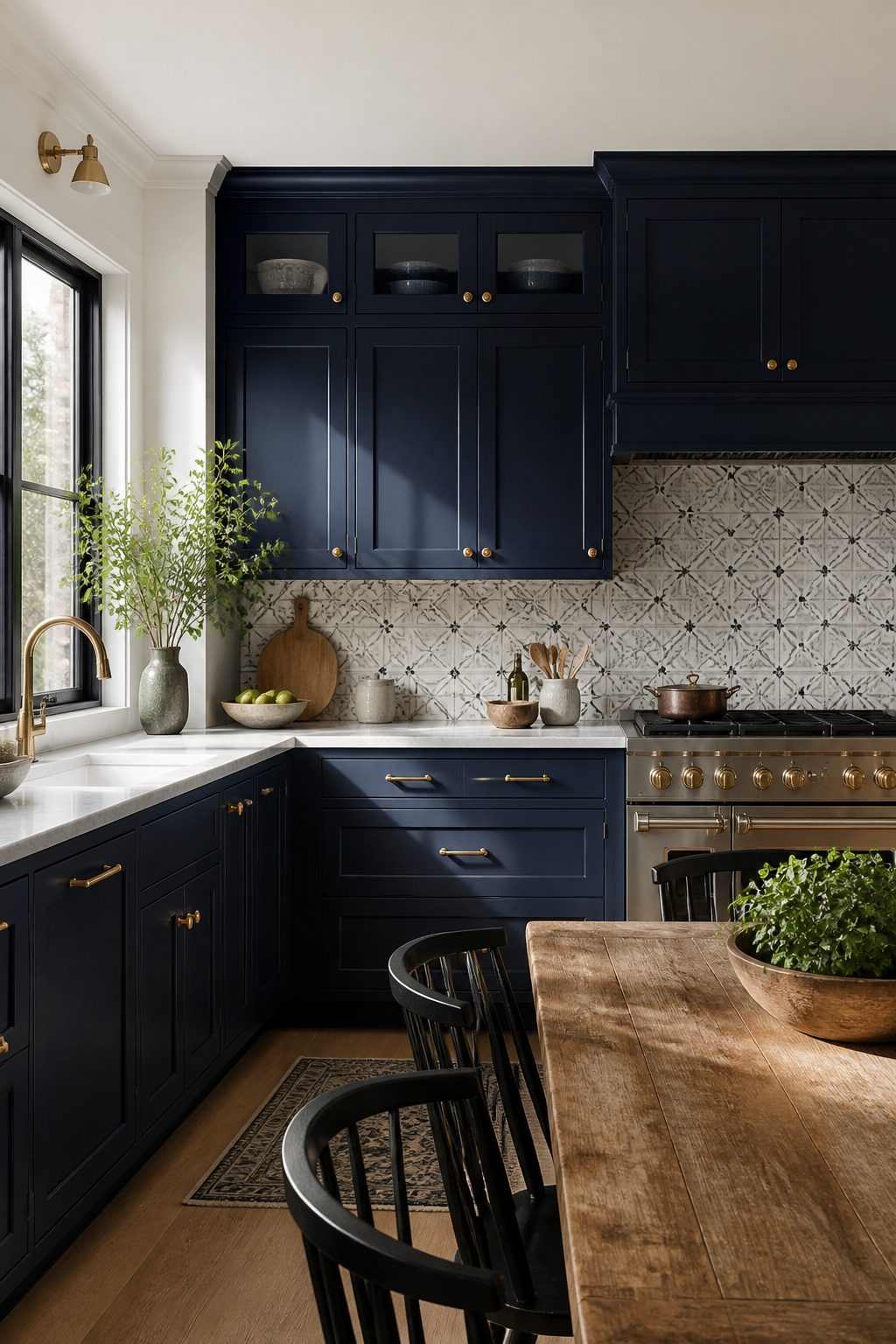 Kitchen featuring navy blue cabinets and a patterned backsplash.