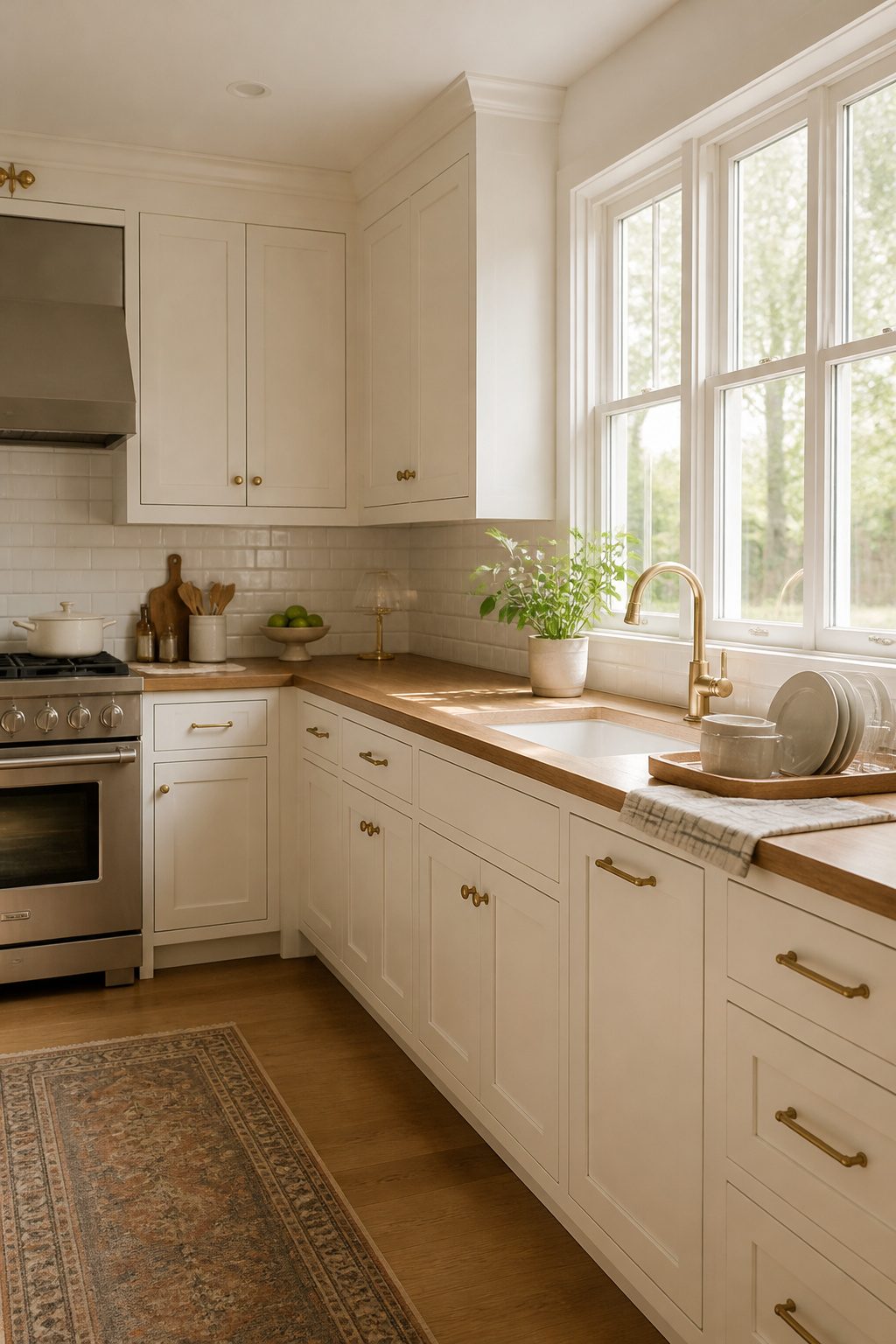 Bright kitchen with white cabinets and a soft white subway tile backsplash.