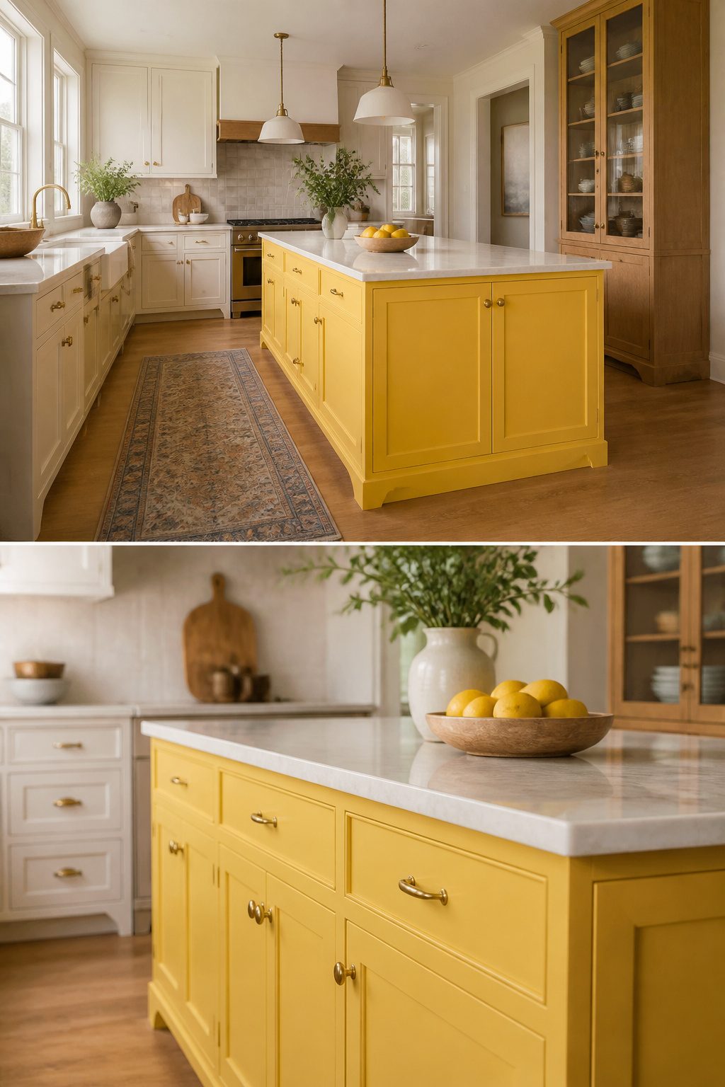 Kitchen island painted in bright yellow with neutral surrounding cabinets.