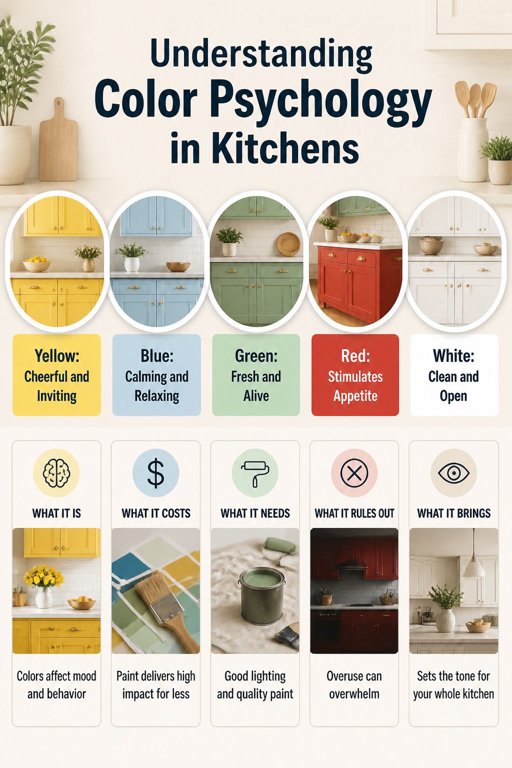 Infographic explaining color psychology in kitchen design.