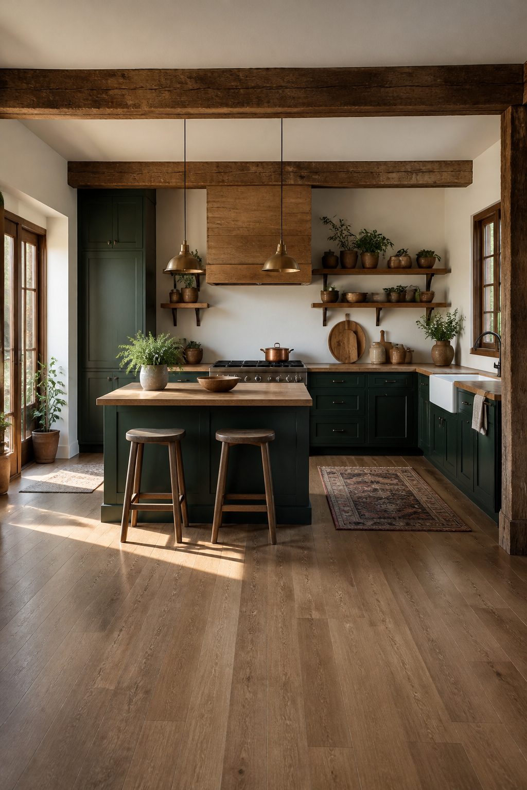 Kitchen showcasing deep forest green cabinets and brass hardware.