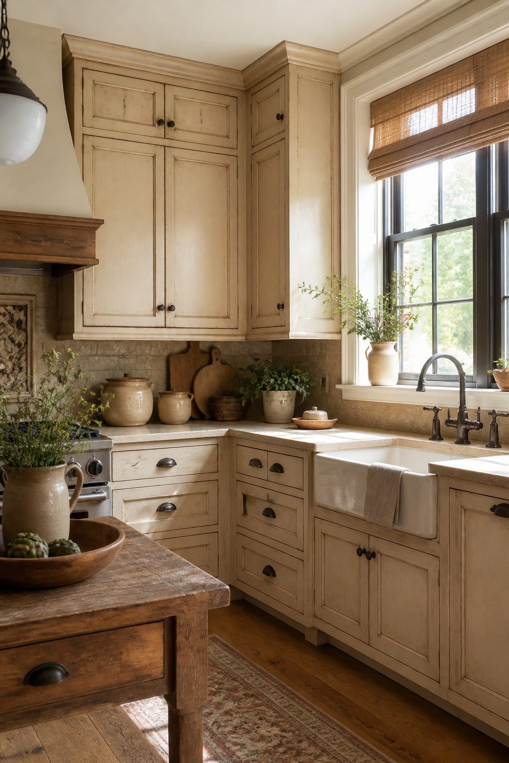 Kitchen with cabinets featuring a glaze and light distressing.