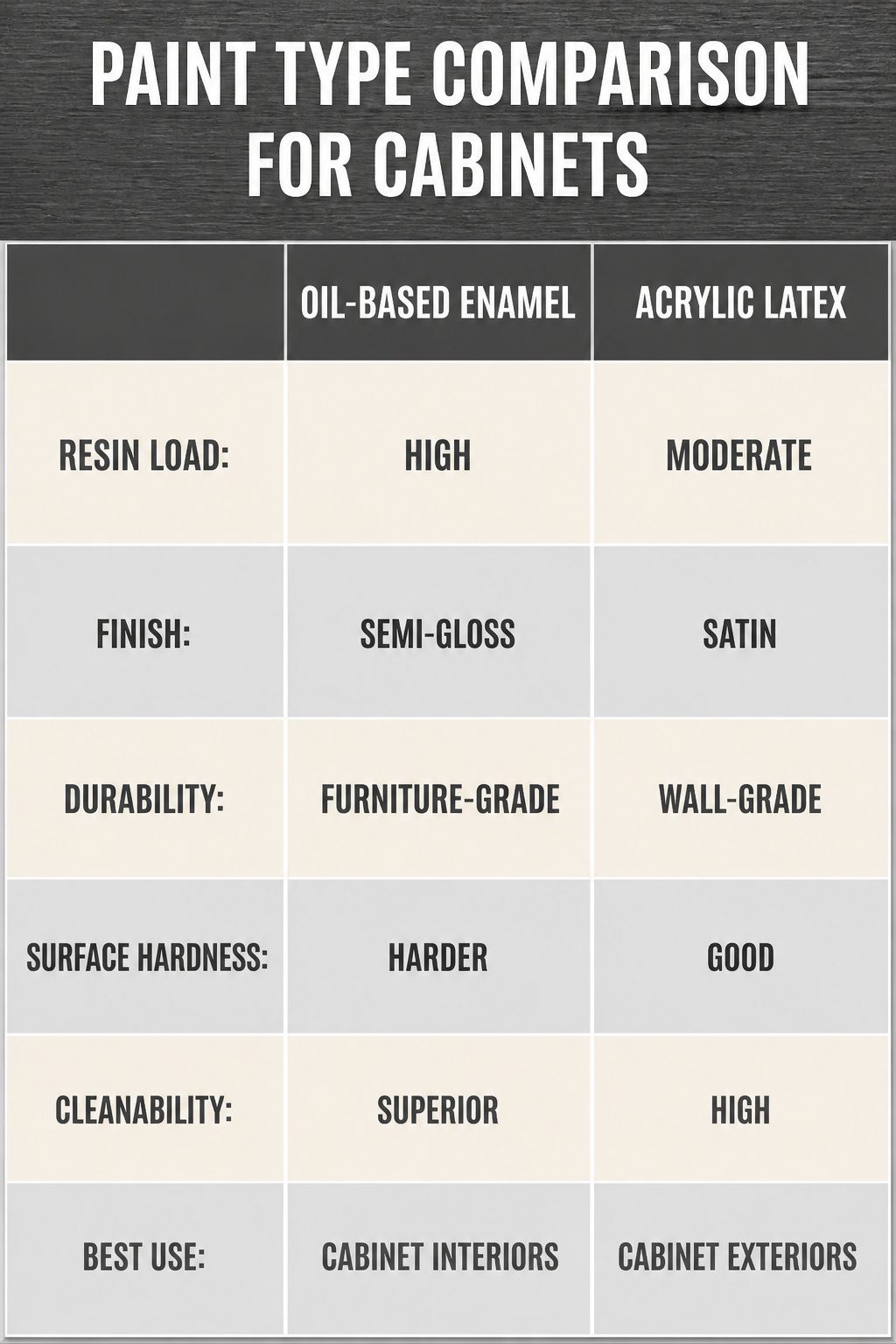 Chart comparing different types of paint for kitchen cabinets.