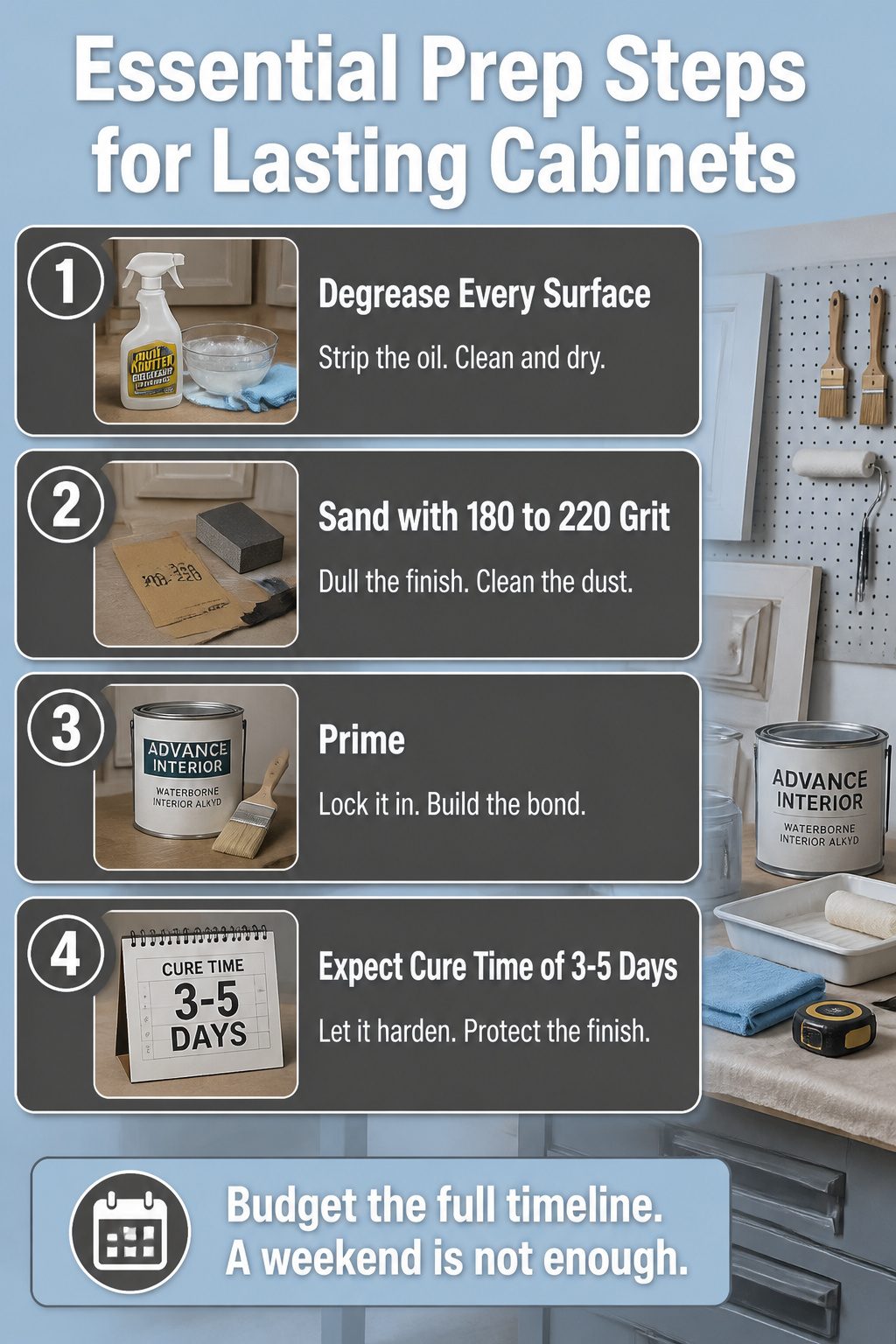 List of essential prep steps for painting kitchen cabinets.