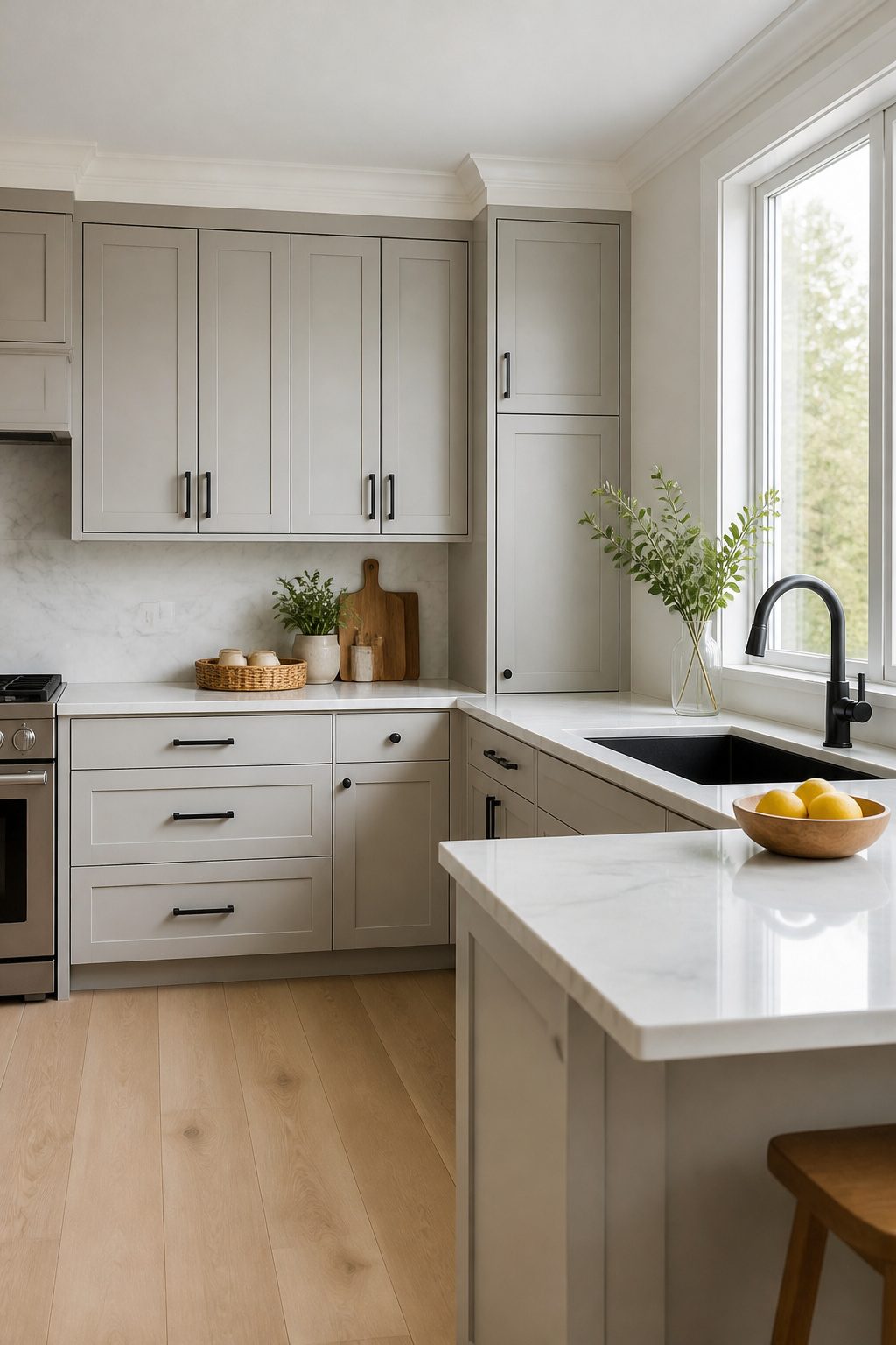 Kitchen featuring warm dove gray cabinets and a white marble countertop.