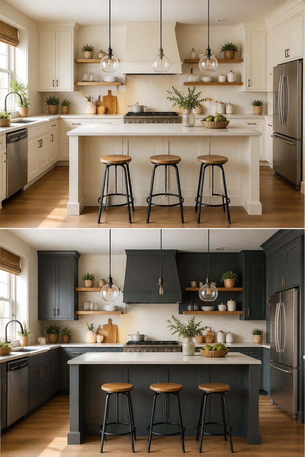 Kitchen with upper cabinets in white and lower cabinets in deep navy.