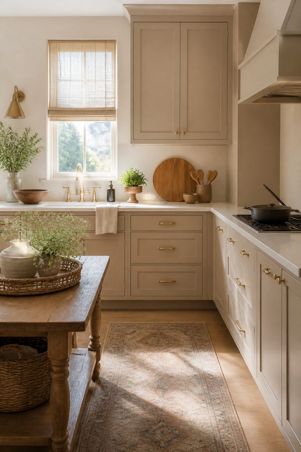 Kitchen with soft beige cabinets and creamy countertops.