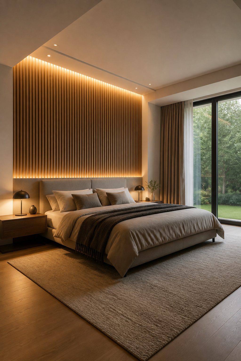 Slat wall with LED backlighting behind a bed.