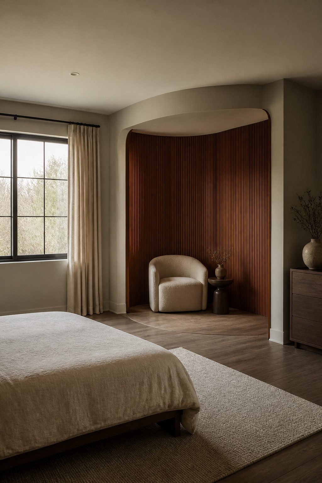 Curved tambour paneling installed around a bedroom alcove.