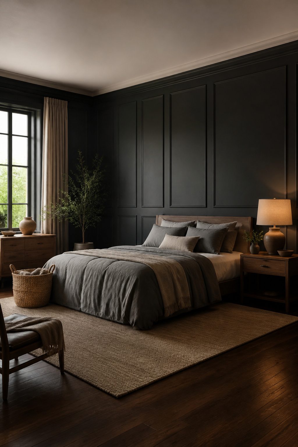 Dark charcoal wood panels covering a bedroom wall.