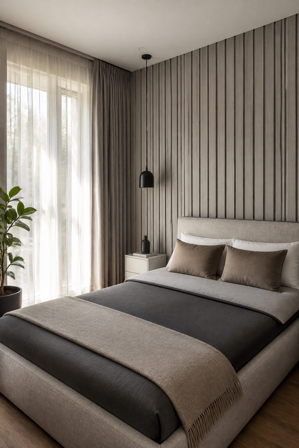 White ash slats mounted over grey felt on a bedroom wall.