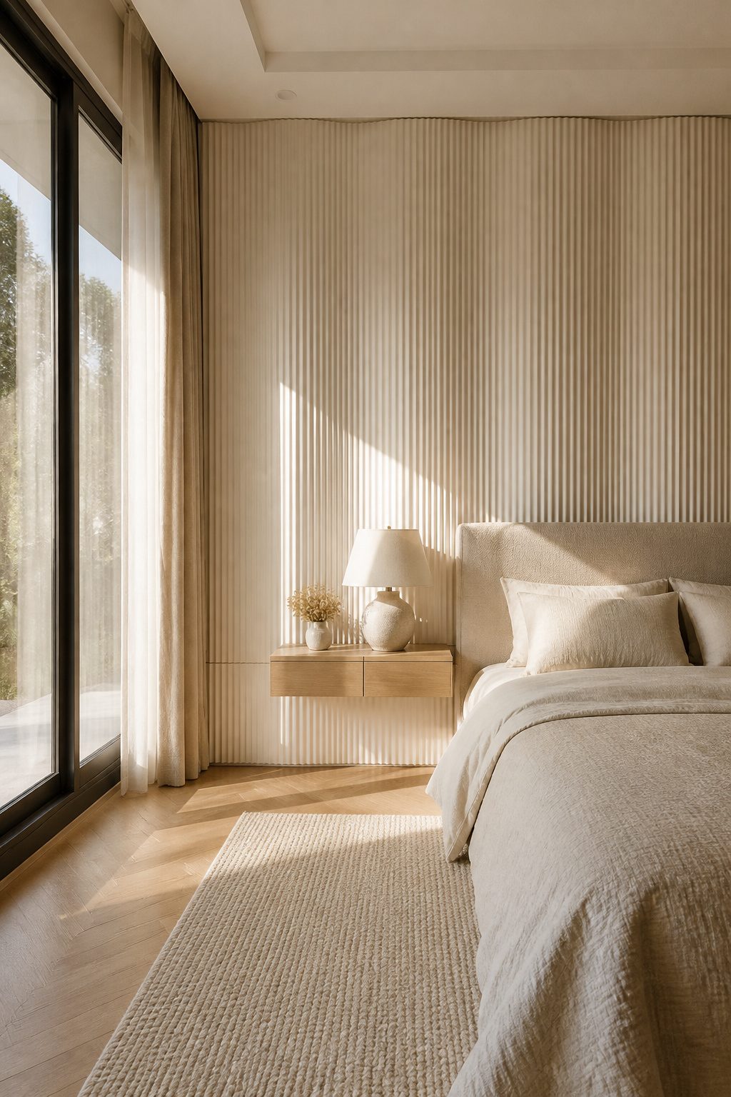 Fluted paneling with an N-shaped wave pattern on a bedroom wall.