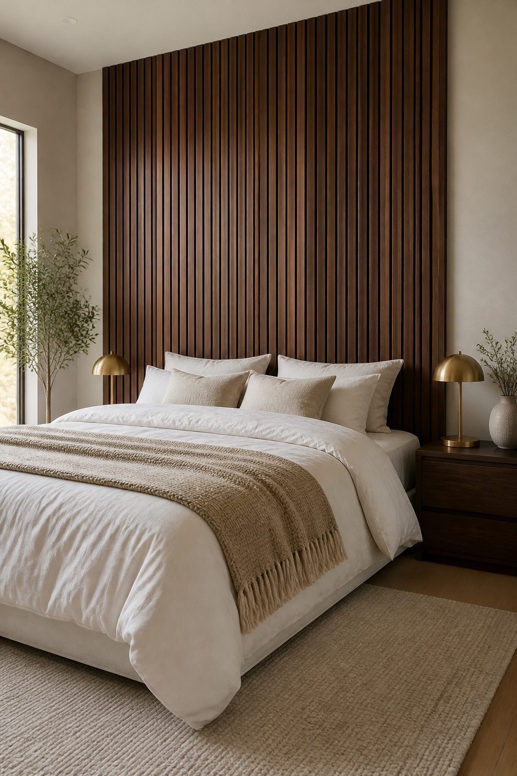 Floor-to-ceiling walnut slats behind a bed in a bedroom.
